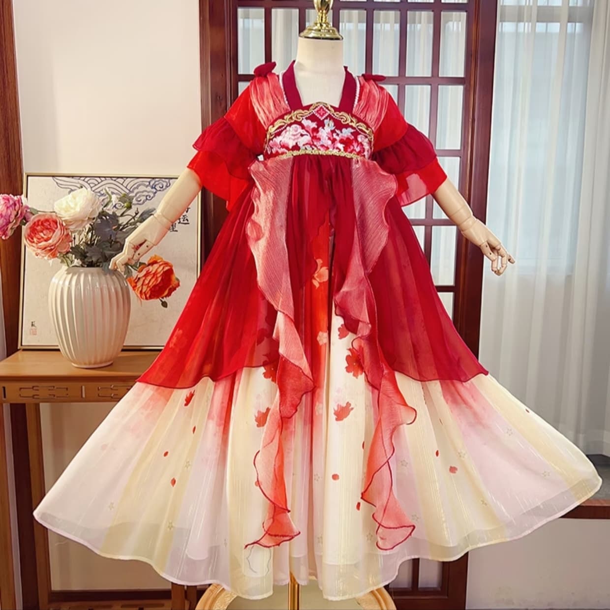 Peony Fairy (Red) Kids Hanfu Dress model portrait